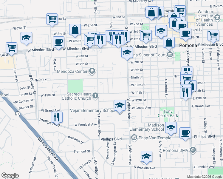 map of restaurants, bars, coffee shops, grocery stores, and more near 1064 Waters Avenue in Pomona