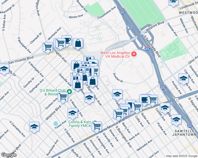 map of restaurants, bars, coffee shops, grocery stores, and more near 1250 Federal Avenue in Los Angeles