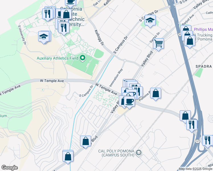 map of restaurants, bars, coffee shops, grocery stores, and more near 3660 West Temple Avenue in Pomona