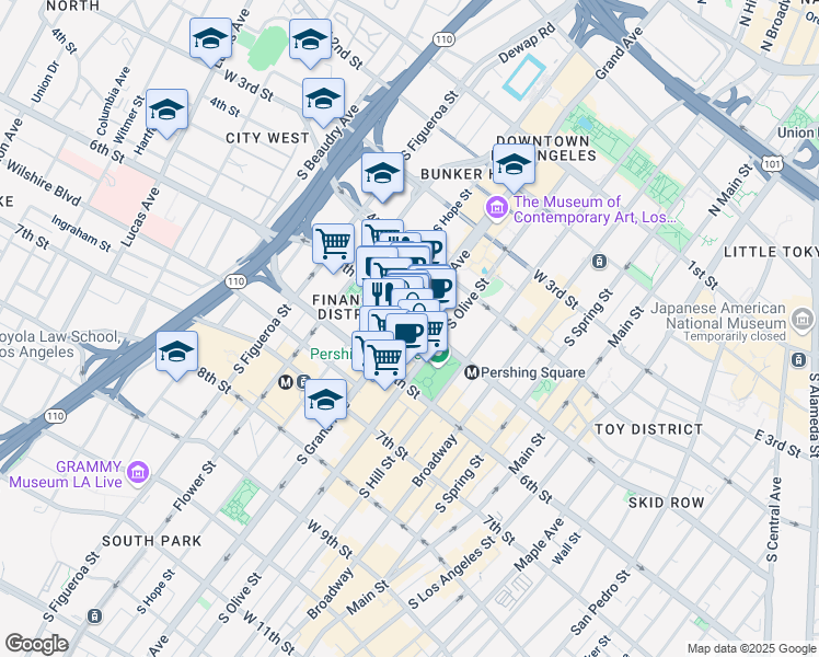 map of restaurants, bars, coffee shops, grocery stores, and more near 512 South Grand Avenue in Los Angeles