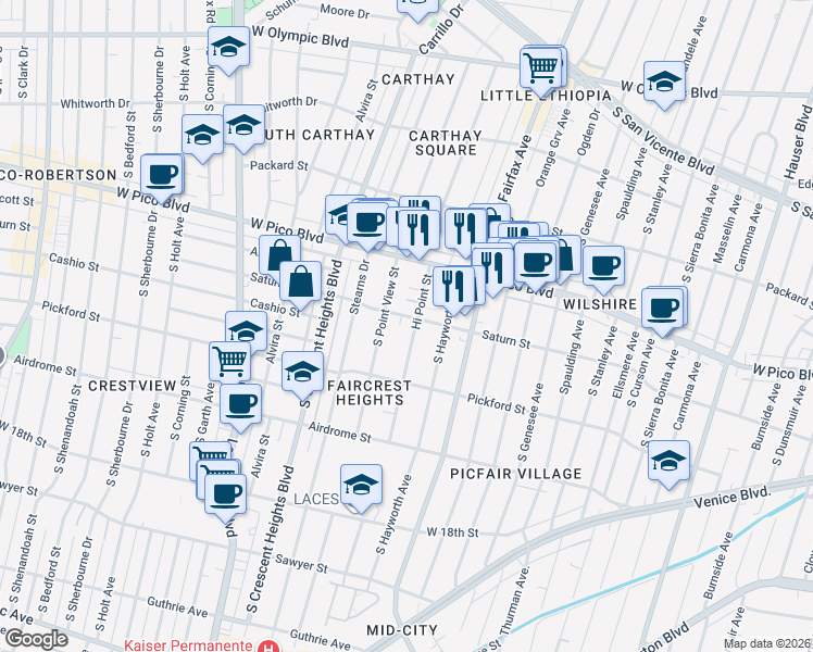 map of restaurants, bars, coffee shops, grocery stores, and more near 1501 Hi Point Street in Los Angeles