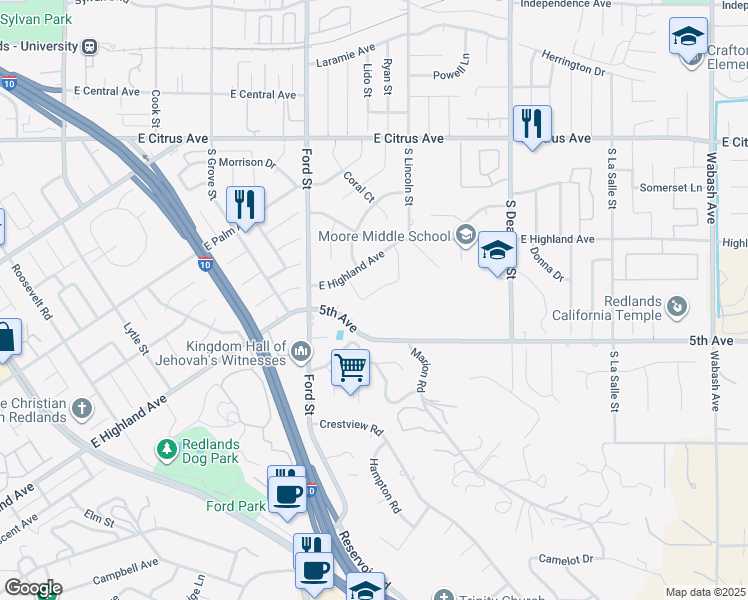 map of restaurants, bars, coffee shops, grocery stores, and more near 1446 Moore Street in Redlands