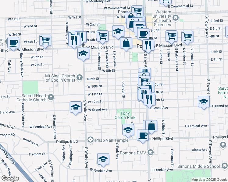 map of restaurants, bars, coffee shops, grocery stores, and more near 1067 South Park Avenue in Pomona