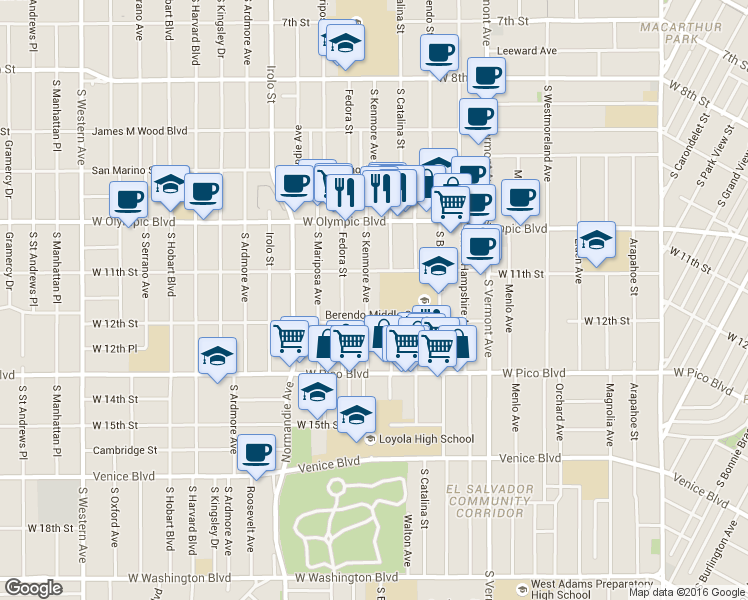 map of restaurants, bars, coffee shops, grocery stores, and more near 1134 South Kenmore Avenue in Los Angeles