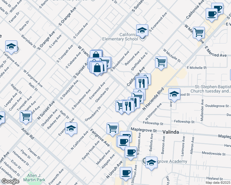 map of restaurants, bars, coffee shops, grocery stores, and more near 1516 Greenberry Drive in La Puente