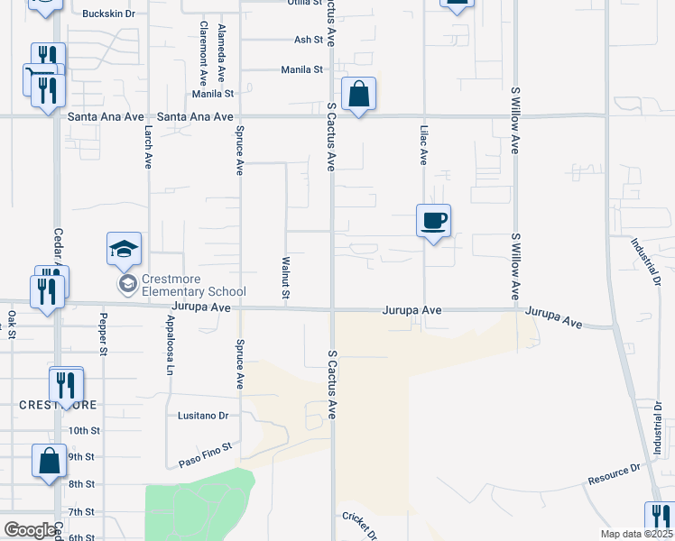 map of restaurants, bars, coffee shops, grocery stores, and more near 11241 Cactus Avenue in Bloomington