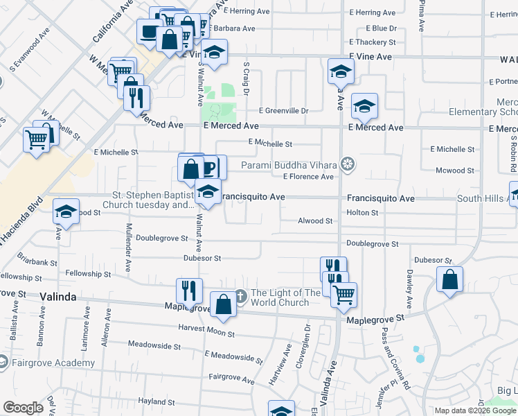 map of restaurants, bars, coffee shops, grocery stores, and more near 748 Francisquito Avenue in West Covina