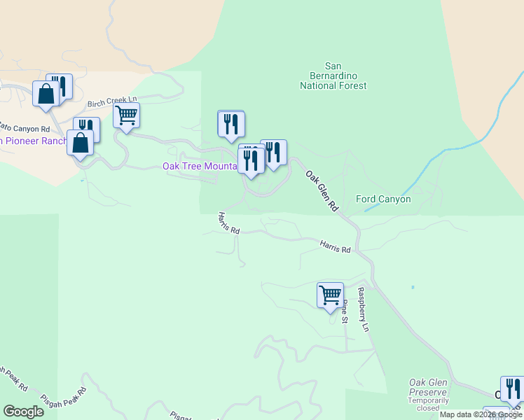 map of restaurants, bars, coffee shops, grocery stores, and more near 39065 Oak Glen Road in Oak Glen