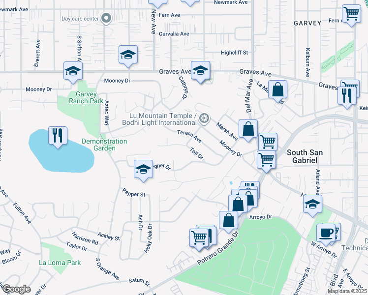 map of restaurants, bars, coffee shops, grocery stores, and more near 7328 Toll Drive in Rosemead