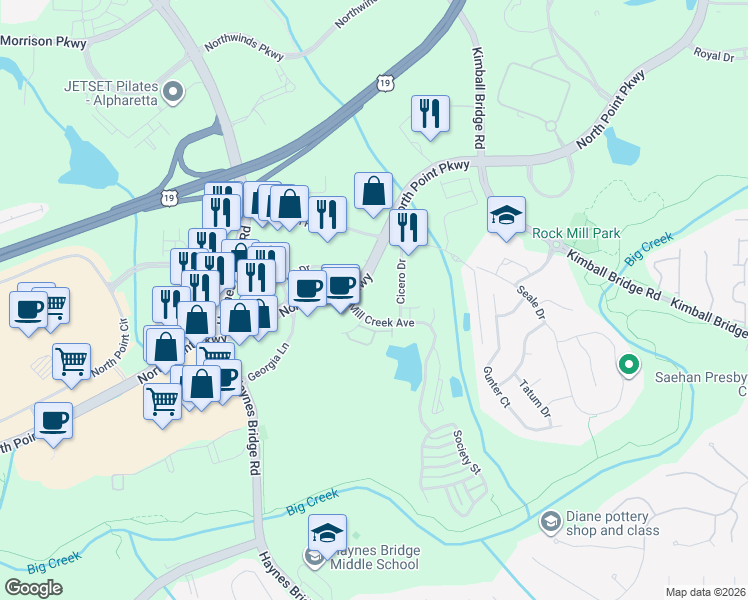 map of restaurants, bars, coffee shops, grocery stores, and more near 26000 Mill Creek Avenue in Alpharetta