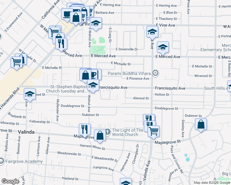 map of restaurants, bars, coffee shops, grocery stores, and more near 1415 South Pricedale Avenue in West Covina