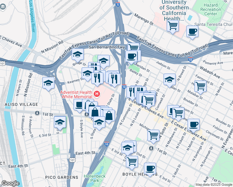 map of restaurants, bars, coffee shops, grocery stores, and more near 1890 East Cesar E Chavez Avenue in Los Angeles