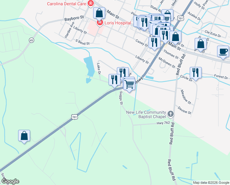 map of restaurants, bars, coffee shops, grocery stores, and more near 385 U.S. 701 in Loris
