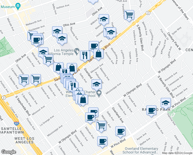 map of restaurants, bars, coffee shops, grocery stores, and more near 1933 Pelham Avenue in Los Angeles