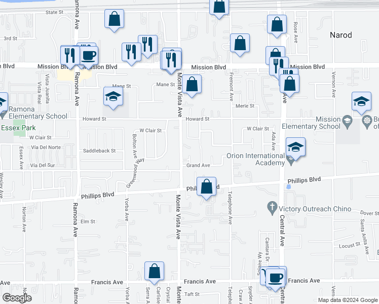 map of restaurants, bars, coffee shops, grocery stores, and more near 11231 Big Sky Avenue in Montclair