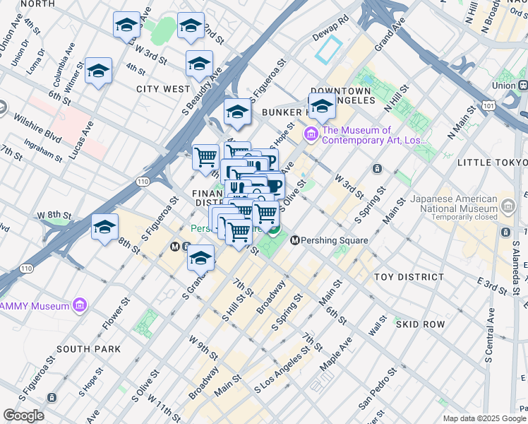 map of restaurants, bars, coffee shops, grocery stores, and more near 555 West 5th Street in Los Angeles