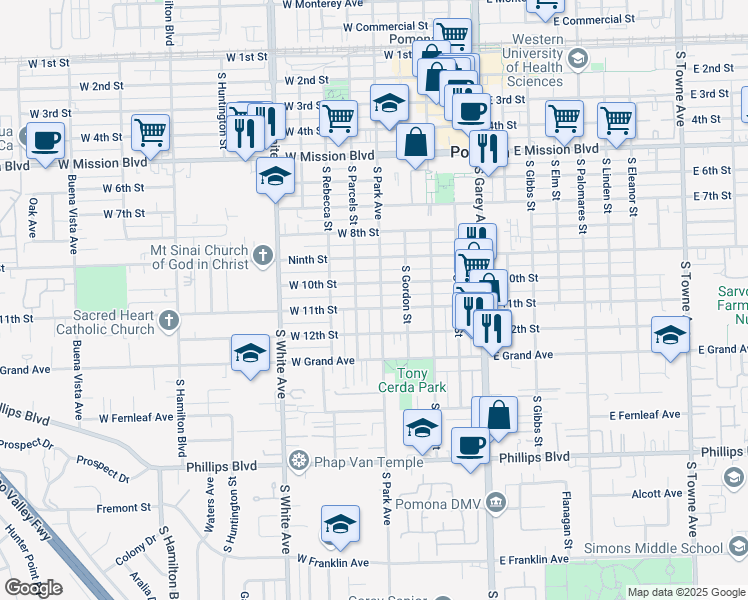 map of restaurants, bars, coffee shops, grocery stores, and more near 1067 South Park Avenue in Pomona