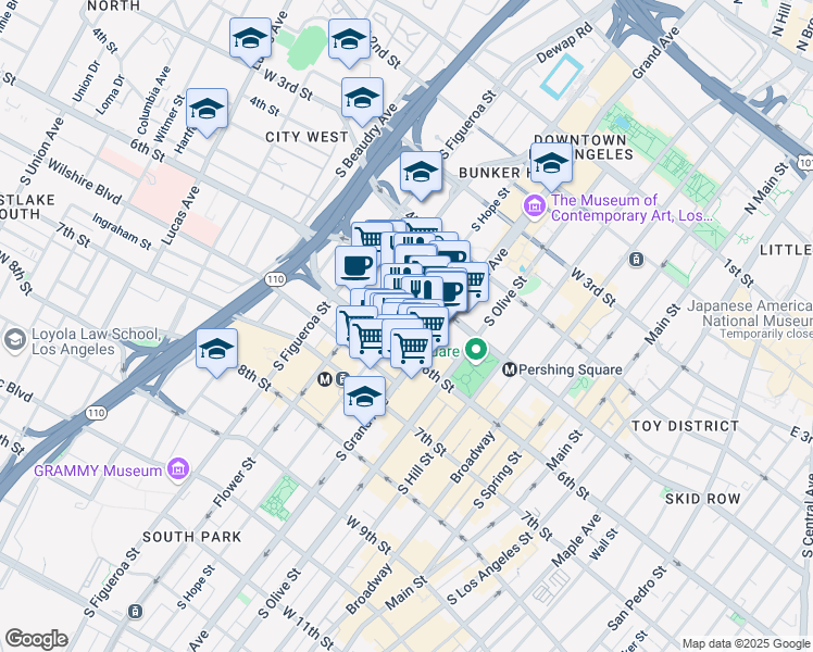 map of restaurants, bars, coffee shops, grocery stores, and more near 550 South Hope Street in Los Angeles