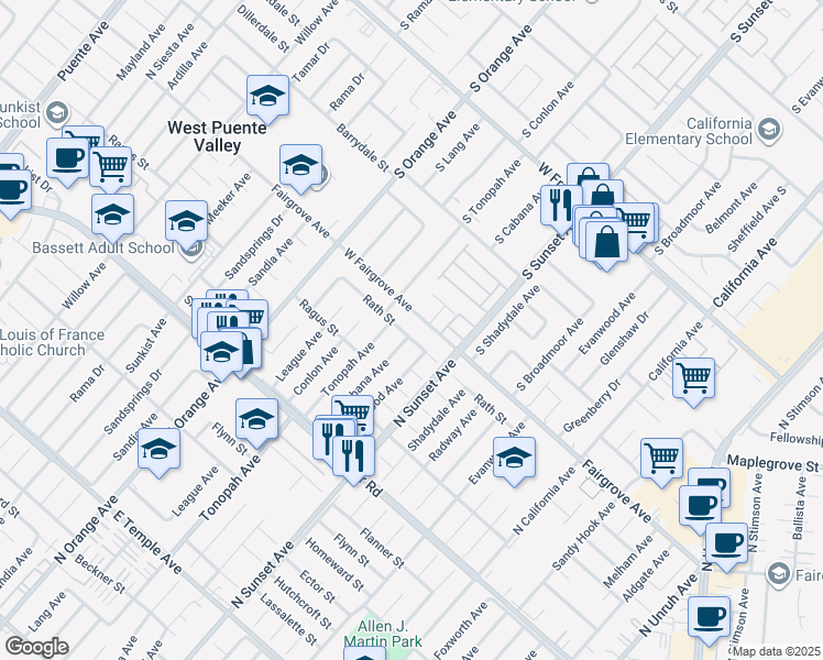 map of restaurants, bars, coffee shops, grocery stores, and more near 14537 Rath Street in La Puente