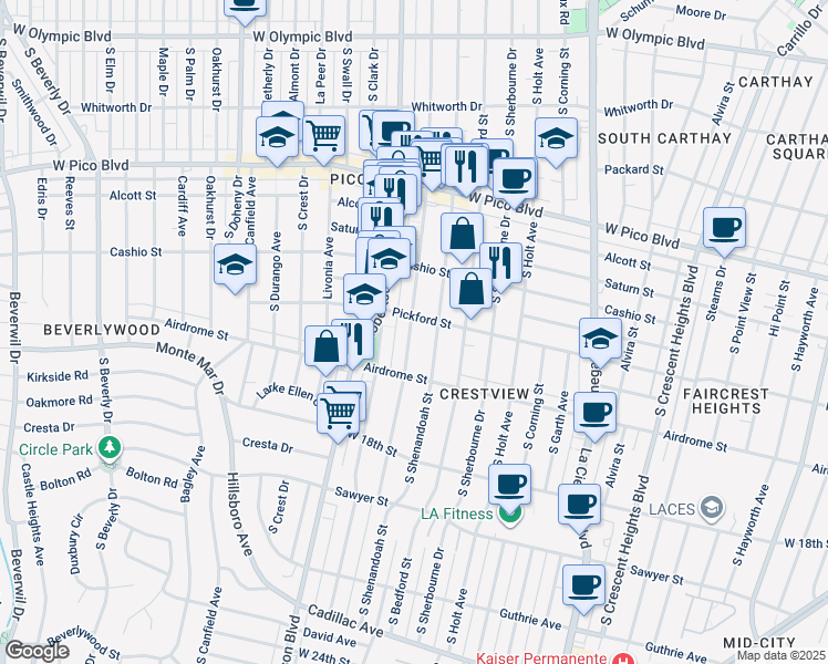 map of restaurants, bars, coffee shops, grocery stores, and more near 1612 South Wooster Street in Los Angeles