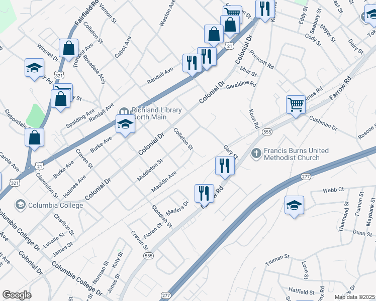 map of restaurants, bars, coffee shops, grocery stores, and more near 1518 Colleton Street in Columbia
