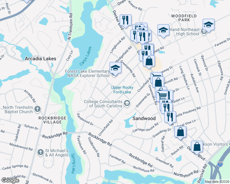 map of restaurants, bars, coffee shops, grocery stores, and more near 6718 Brookfield Road in Columbia