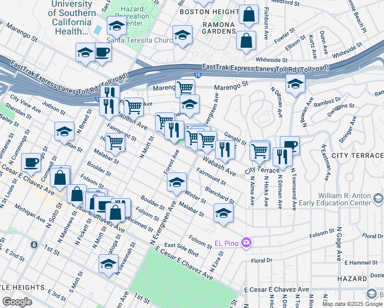 map of restaurants, bars, coffee shops, grocery stores, and more near 2832 Wabash Avenue in Los Angeles