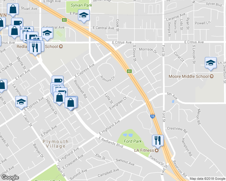 map of restaurants, bars, coffee shops, grocery stores, and more near 801 Birch Court in Redlands