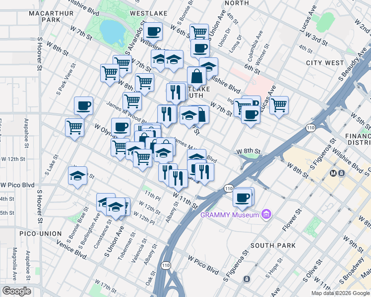 map of restaurants, bars, coffee shops, grocery stores, and more near 1502 West 9th Street in Los Angeles