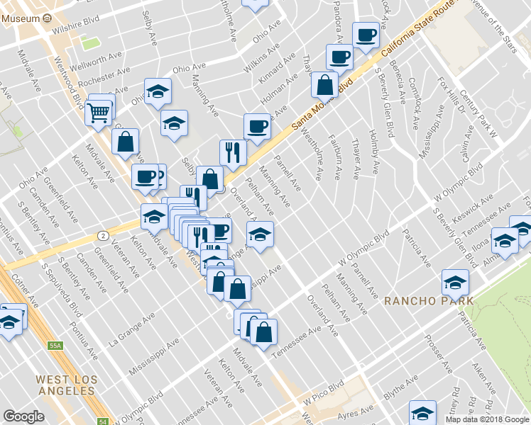 map of restaurants, bars, coffee shops, grocery stores, and more near 1933 Pelham Avenue in Los Angeles