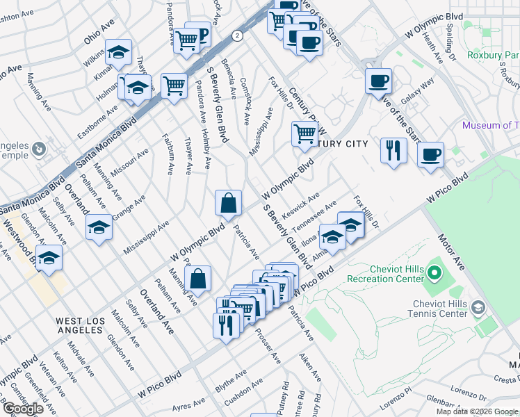 map of restaurants, bars, coffee shops, grocery stores, and more near 2201 South Beverly Glen Boulevard in Los Angeles