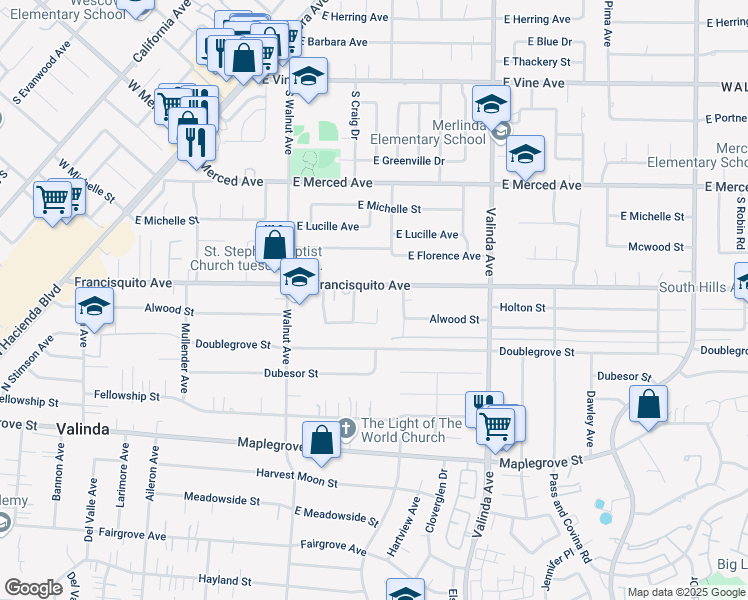 map of restaurants, bars, coffee shops, grocery stores, and more near 1415 South Pricedale Avenue in West Covina