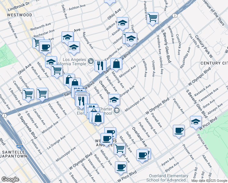 map of restaurants, bars, coffee shops, grocery stores, and more near 1933 Pelham Avenue in Los Angeles