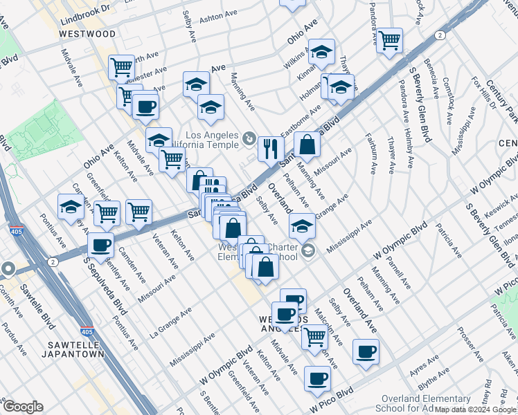 map of restaurants, bars, coffee shops, grocery stores, and more near 1825 Selby Avenue in Los Angeles