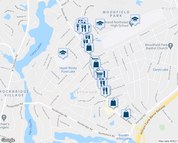 map of restaurants, bars, coffee shops, grocery stores, and more near 3501 Greenway Drive in Columbia