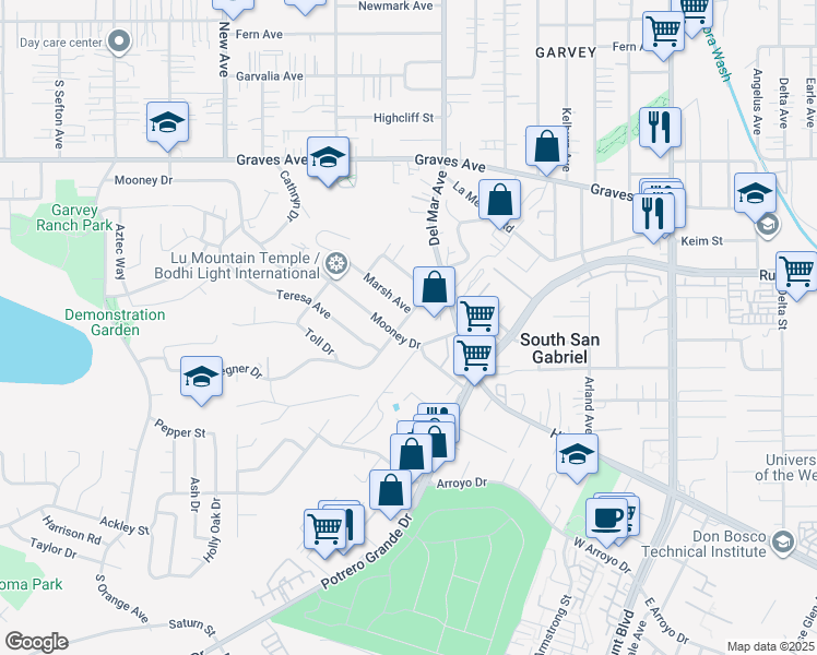 map of restaurants, bars, coffee shops, grocery stores, and more near 1812 Redding Avenue in Rosemead