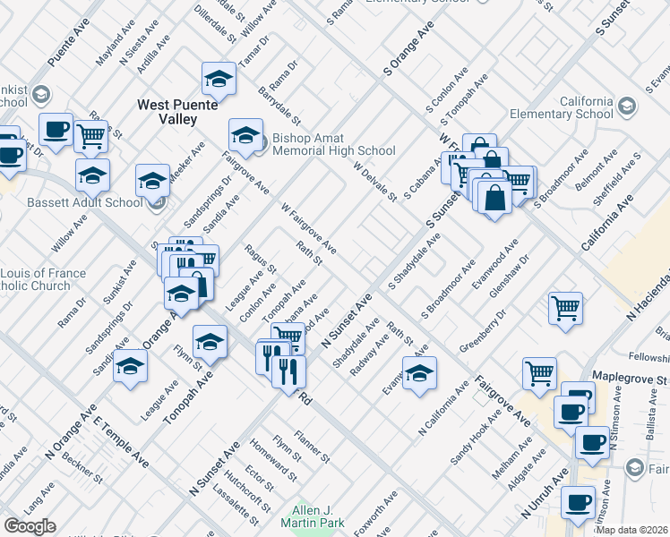 map of restaurants, bars, coffee shops, grocery stores, and more near 14537 Rath Street in La Puente