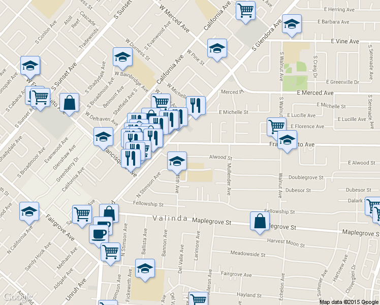 map of restaurants, bars, coffee shops, grocery stores, and more near 15729 Alwood Street in La Puente