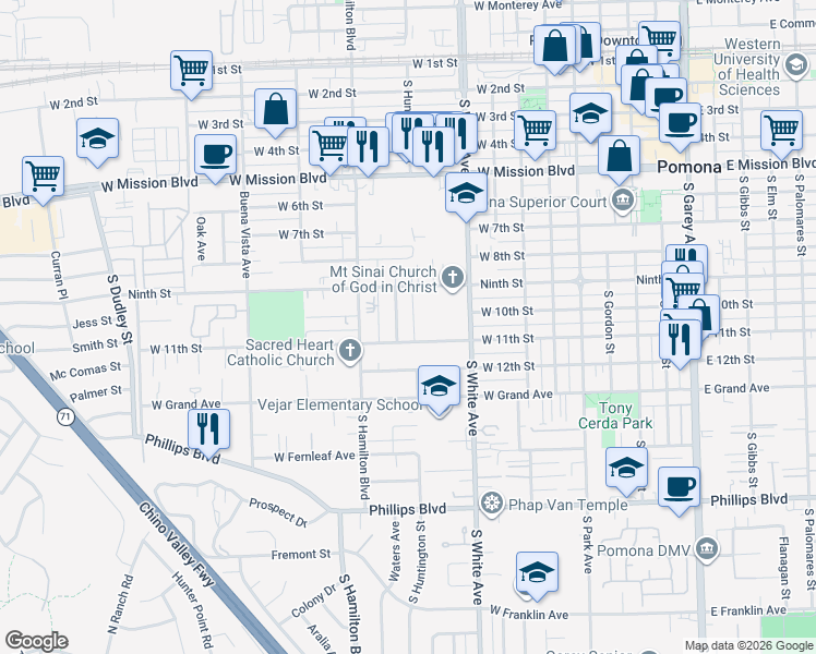 map of restaurants, bars, coffee shops, grocery stores, and more near 1064 Waters Avenue in Pomona