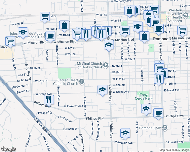 map of restaurants, bars, coffee shops, grocery stores, and more near 1064 Waters Avenue in Pomona