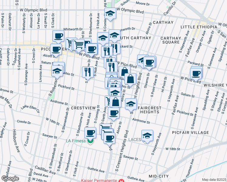 map of restaurants, bars, coffee shops, grocery stores, and more near La Cienega & Horner Street in Los Angeles