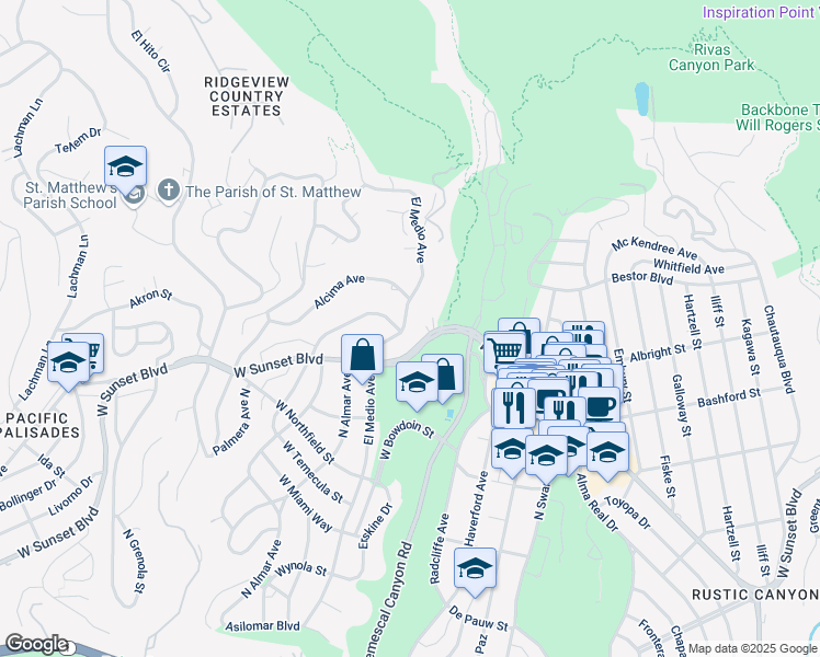 map of restaurants, bars, coffee shops, grocery stores, and more near 902 El Medio Avenue in Los Angeles