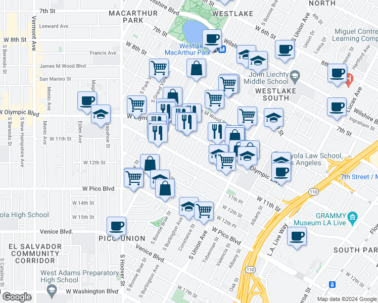 map of restaurants, bars, coffee shops, grocery stores, and more near 1037 South Bonnie Brae Street in Los Angeles