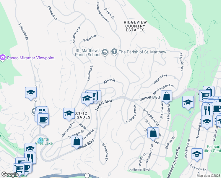 map of restaurants, bars, coffee shops, grocery stores, and more near 16526 Las Casas Place in Los Angeles