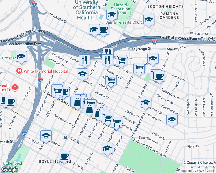 map of restaurants, bars, coffee shops, grocery stores, and more near 2447 Malabar Street in Los Angeles