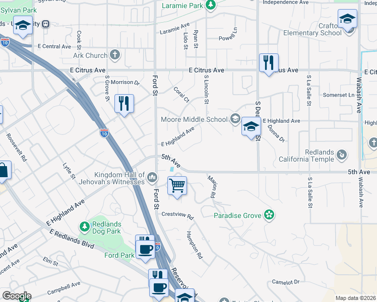 map of restaurants, bars, coffee shops, grocery stores, and more near 1452 Moore Street in Redlands