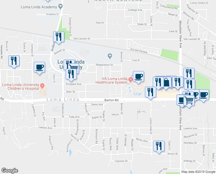 map of restaurants, bars, coffee shops, grocery stores, and more near 25181 Prospect Avenue in Loma Linda