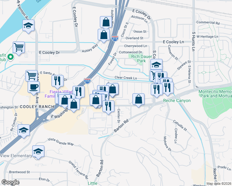 map of restaurants, bars, coffee shops, grocery stores, and more near 1150 South Meadow Lane in Colton