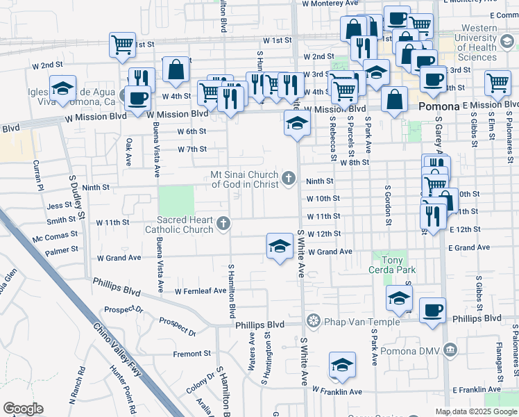 map of restaurants, bars, coffee shops, grocery stores, and more near 1064 Waters Avenue in Pomona