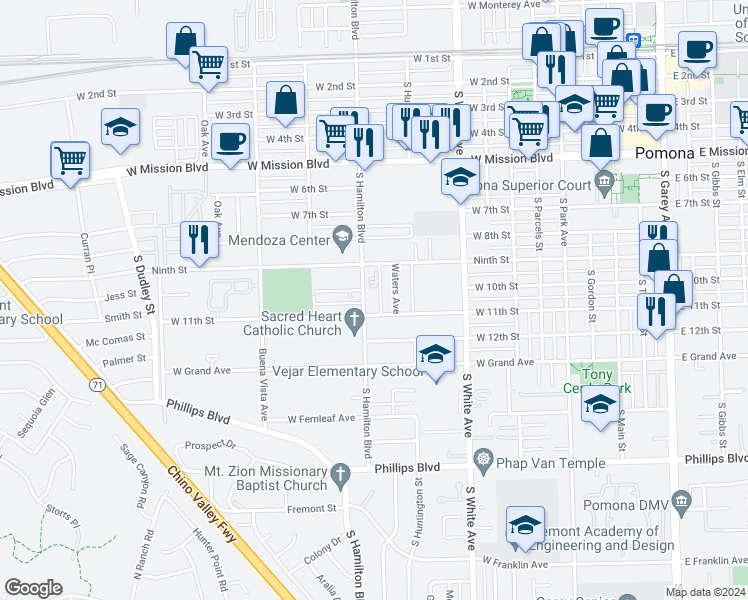 map of restaurants, bars, coffee shops, grocery stores, and more near 1007 Waters Avenue in Pomona